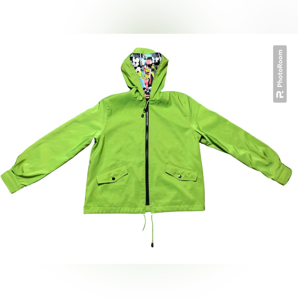 Mycra Pac Stadium Raincoat Lime Green Pop Art Lining Hooded Jacket Womens M L